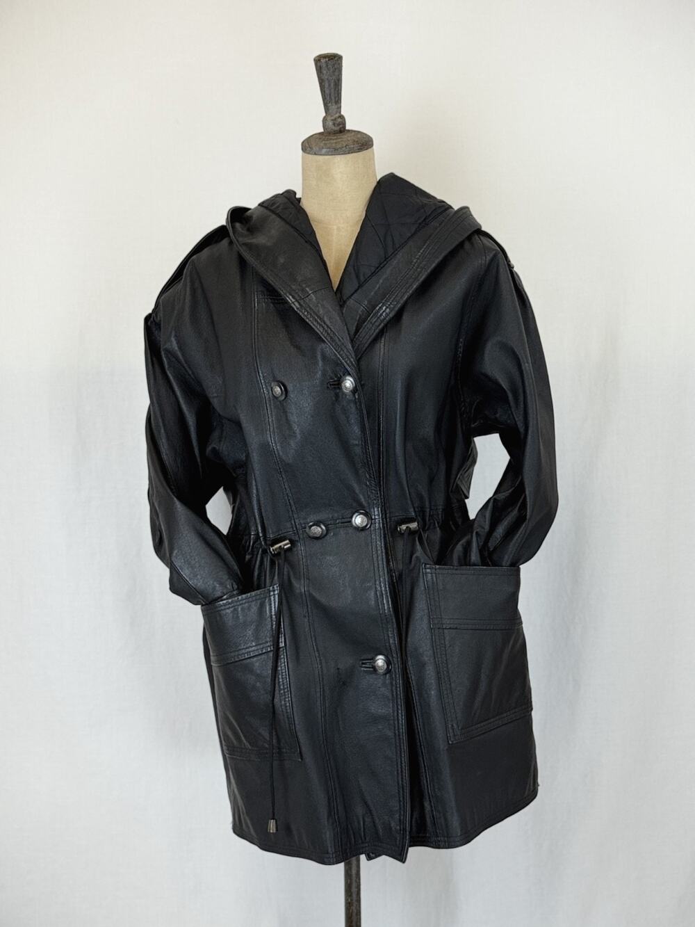 MGR Vintage Long Leather Zip-Up & Double Button-Front Hooded Jacket LG #0342